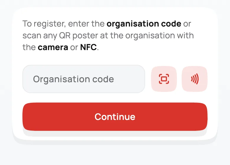 The Add organization card in the mobile app: organization code field, QR and NFC buttons, Continue