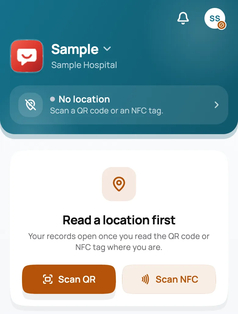 Staff mode home before a location is scanned: the Read a location first card with Scan QR and Scan NFC