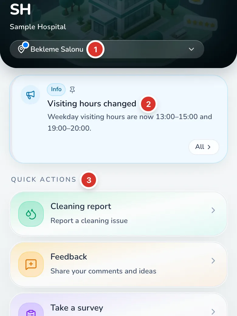 The visitor screen after a QR scan: location name, announcement banner and quick actions