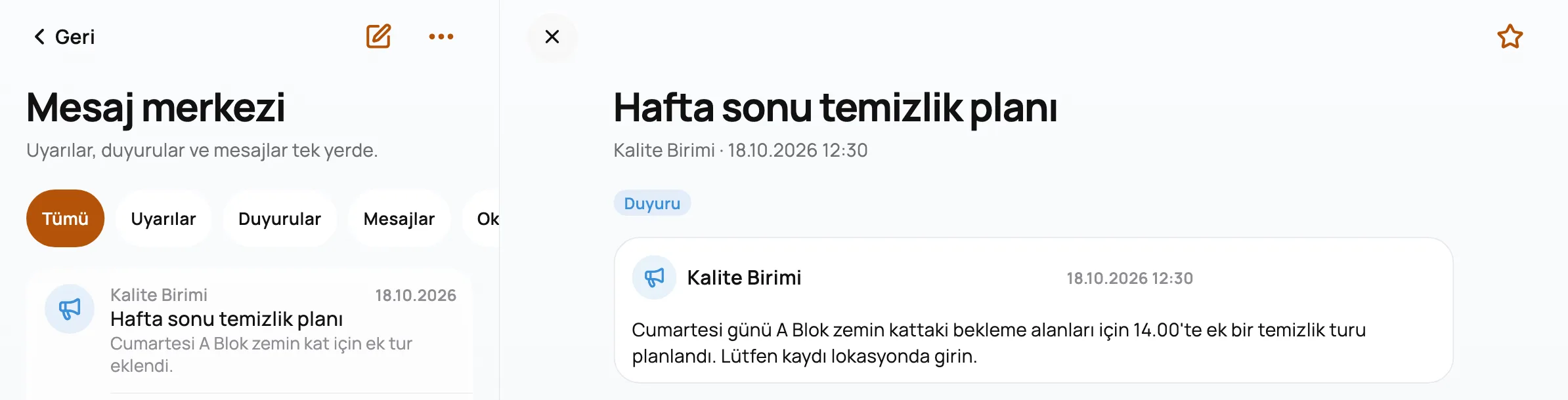 Tablette Mesaj merkezi: solda ileti listesi, sağda seçilen iletinin ayrıntısı