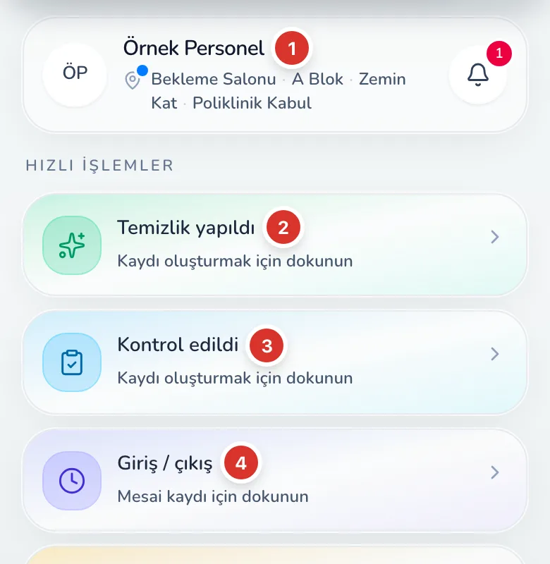 Personel panelinde lokasyon okutulduktan sonra görünen kartlar